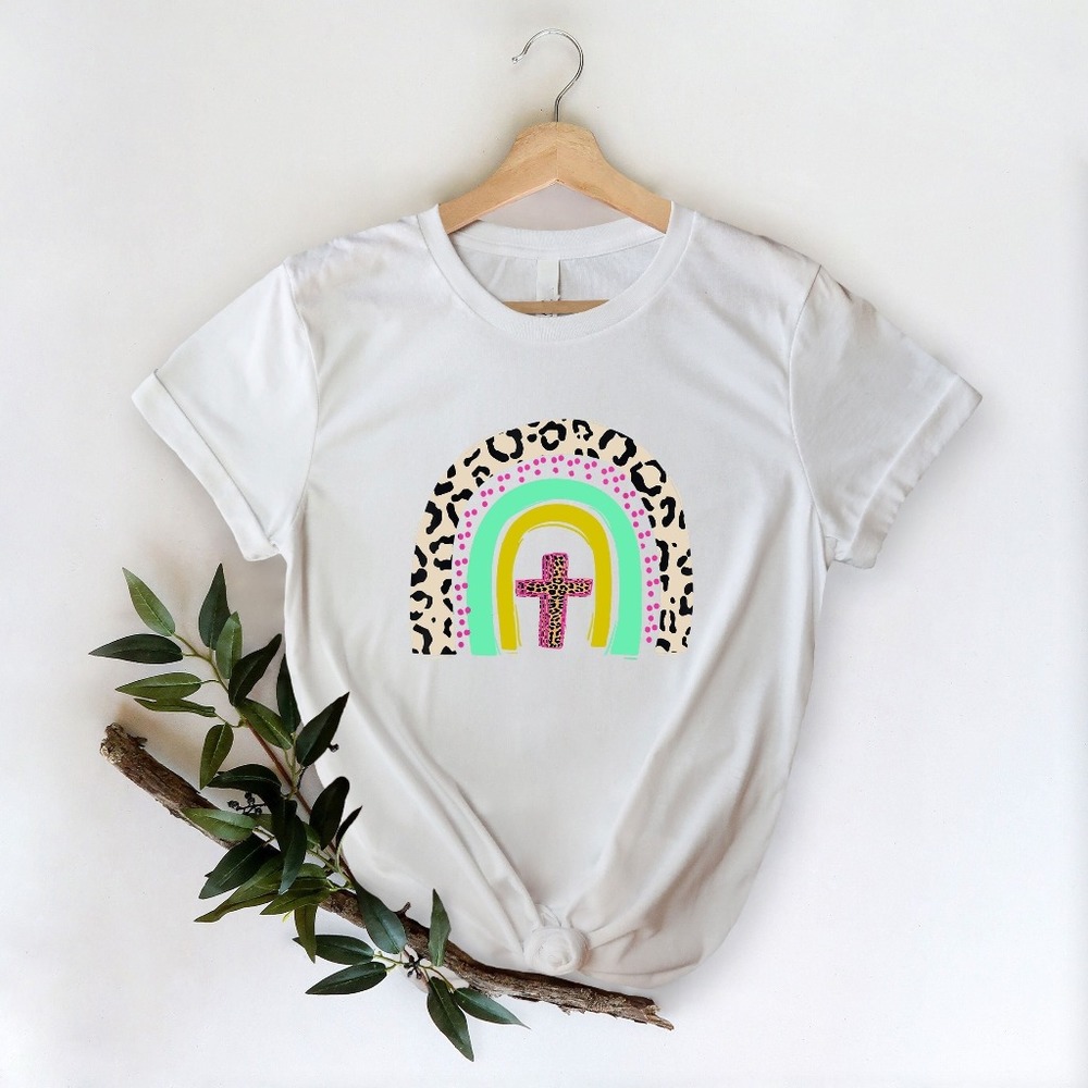 Leopard Rainbow Boho Easter Cross Christian Easter Jesus Shirt